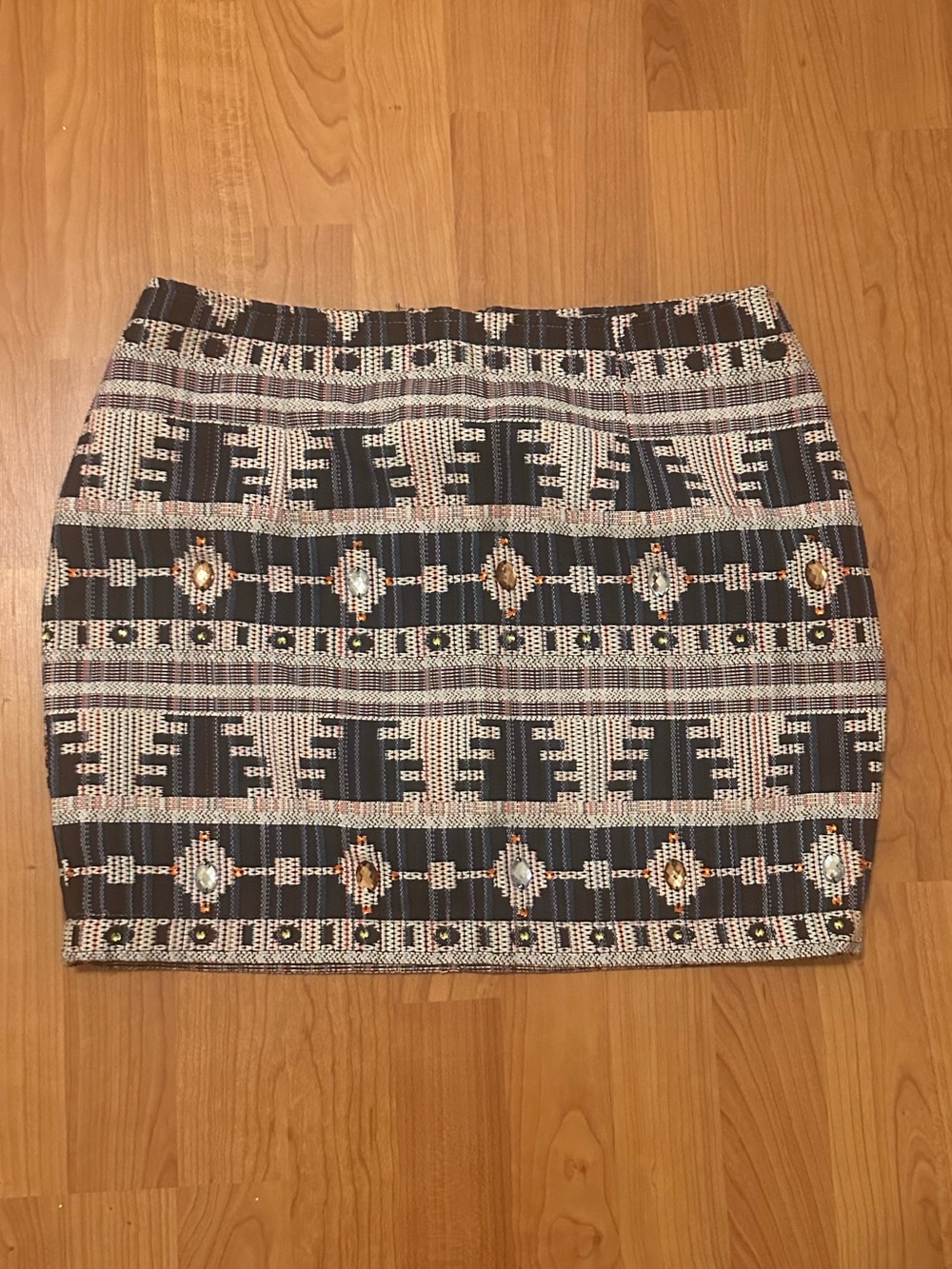 english rose Navy and Cream Patterned Mini Skirt with Accent Beading